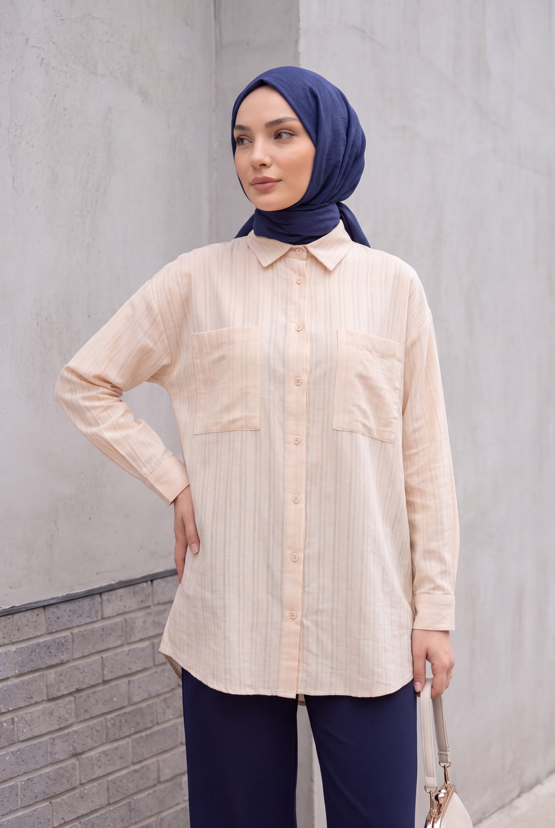 Women's Beige Long-Sleeved Collared Blouse with Pinstripes - Podyumplus - by Peralane