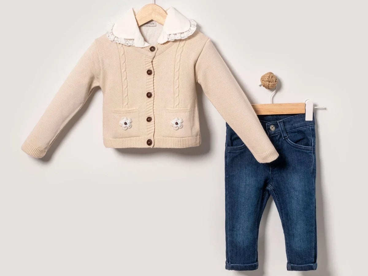 Girls' Knit Cardigan and Jeans Set with Lace Detail - Eymus - by Peralane