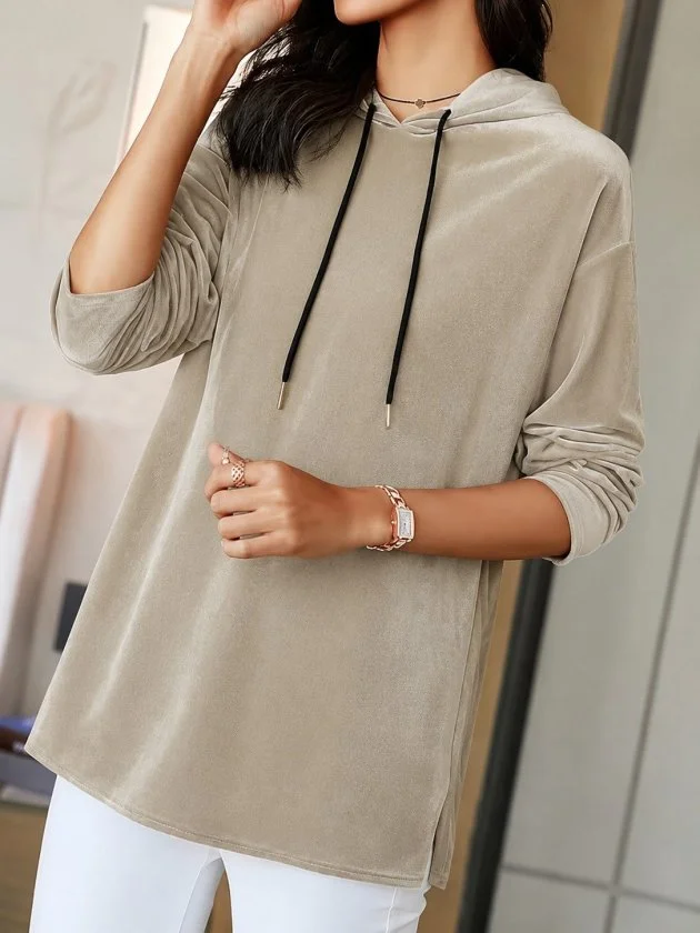 Women's Long-Sleeved Hooded Velvet Long Blouse with Drawstring - Janes - by Peralane