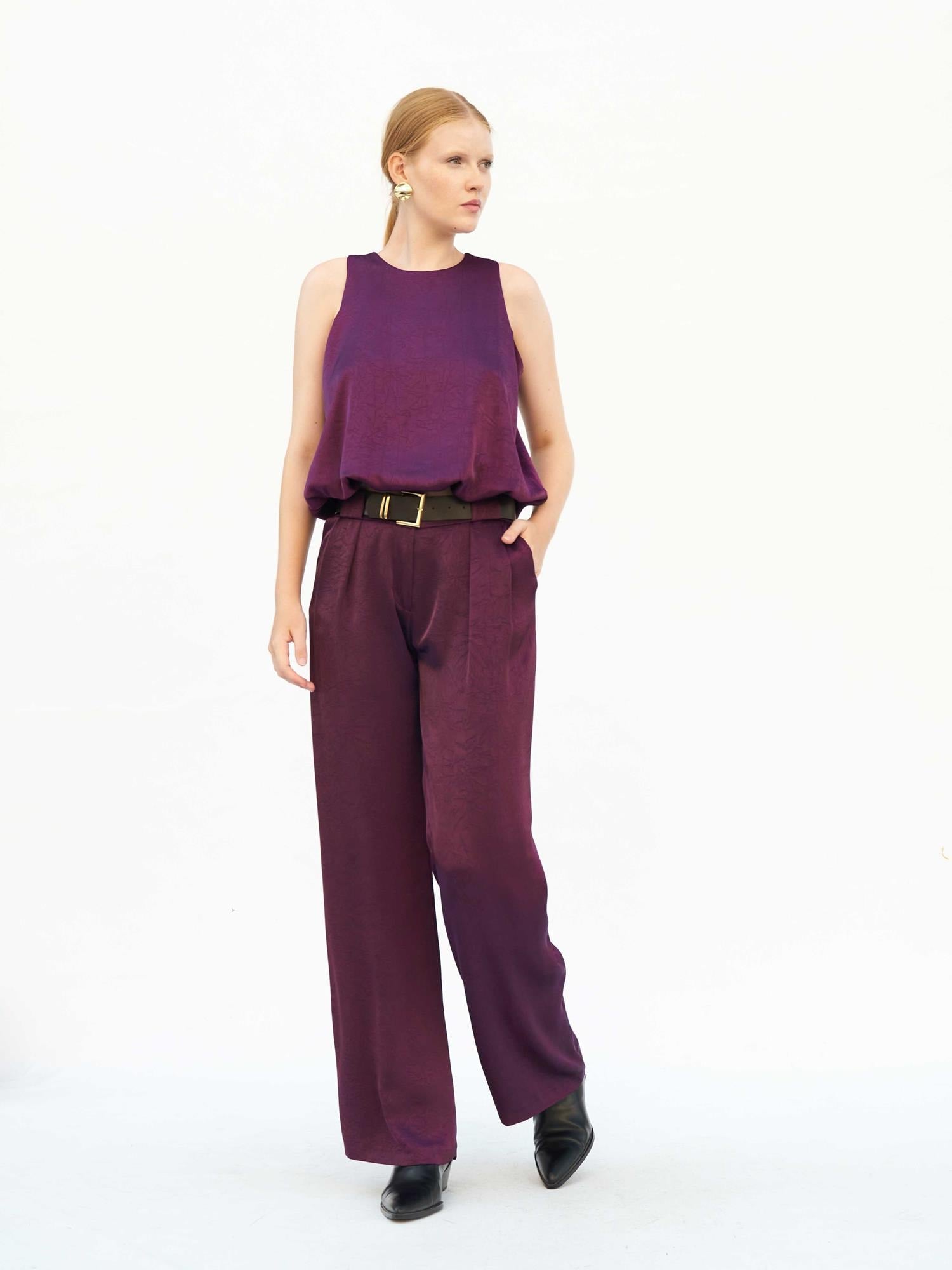 Plum High-Waist Pleated Wide-Leg Trousers with Belt - Lefon - by Peralane - photo 5