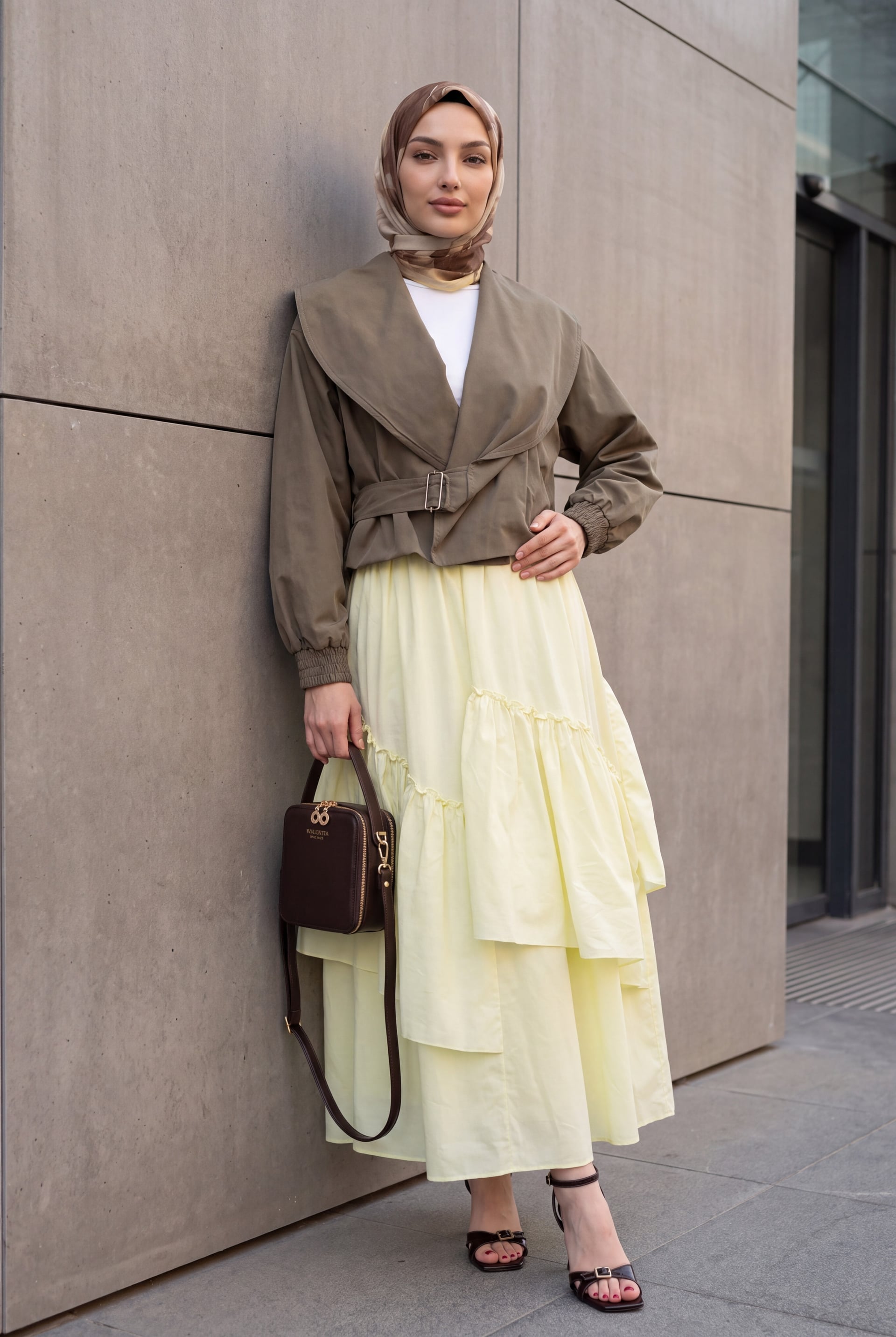 Shawl Collar Crop Jacket with Elasticated Cuffs and Belted Waist - Light Brown - Podyumplus - by Peralane - photo 4