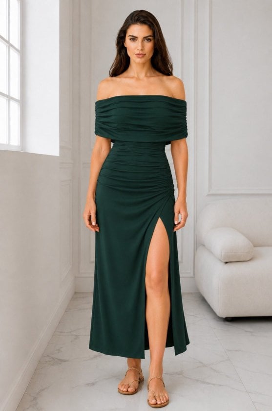 Women's Off-Shoulder Ruched Midi Dress with Side Slit - Janes - by Peralane