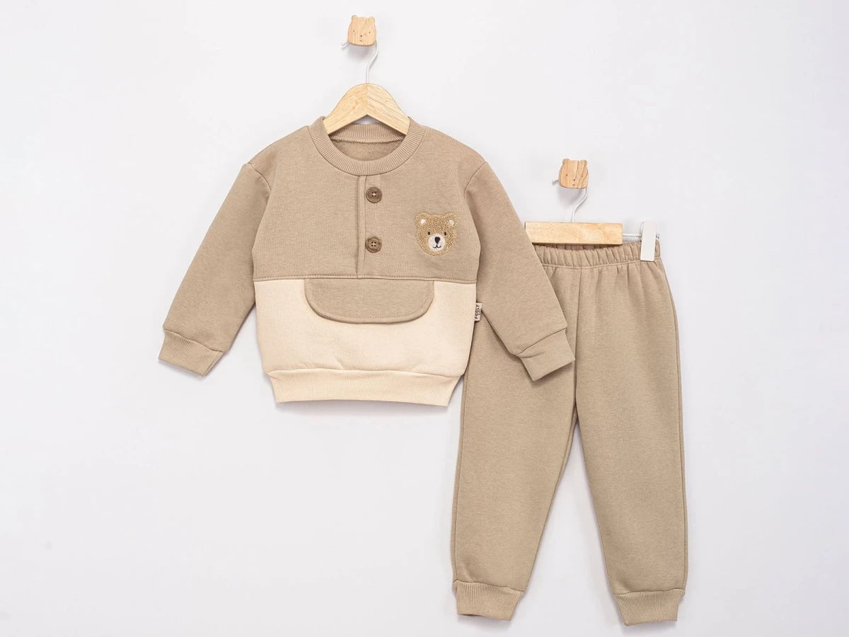 Beige Bear Embroidery Buttoned 3-Ply Brushed Boys' Tracksuit Set - Feely Kids - by Peralane