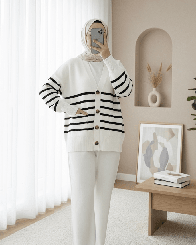 Striped Button-Front Cardigan with Pockets - Ecru - Podyumplus - by Peralane - photo 5