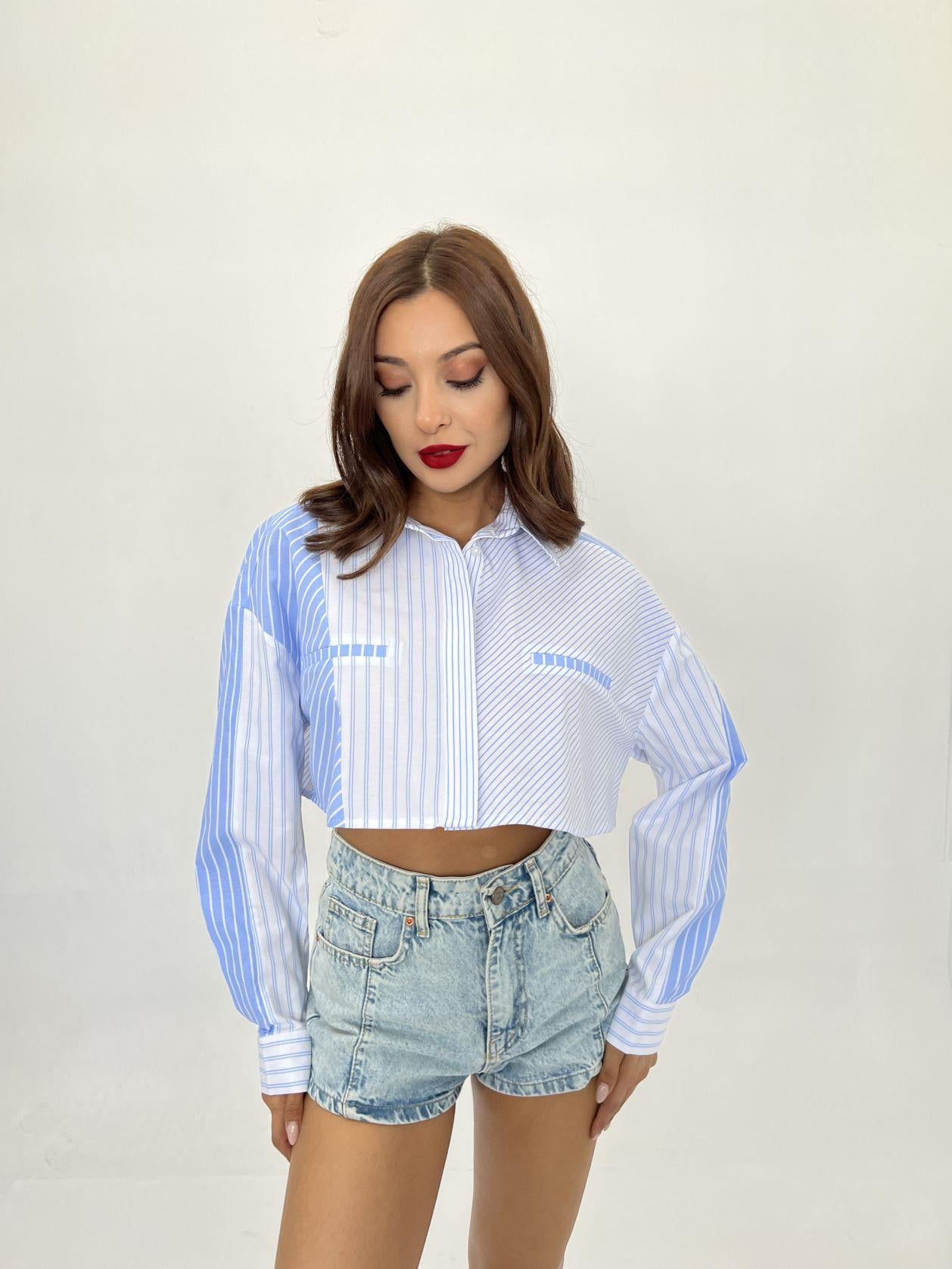 Women's Cropped Pinstripe Blouse in Blue - Pack of 6 - Fame - by Peralane - photo 5