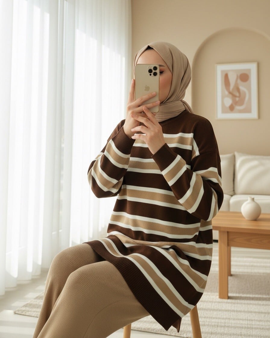 Round Neck Striped Knit Tunic and Trouser Set - Beige - Podyumplus - by Peralane - photo 3