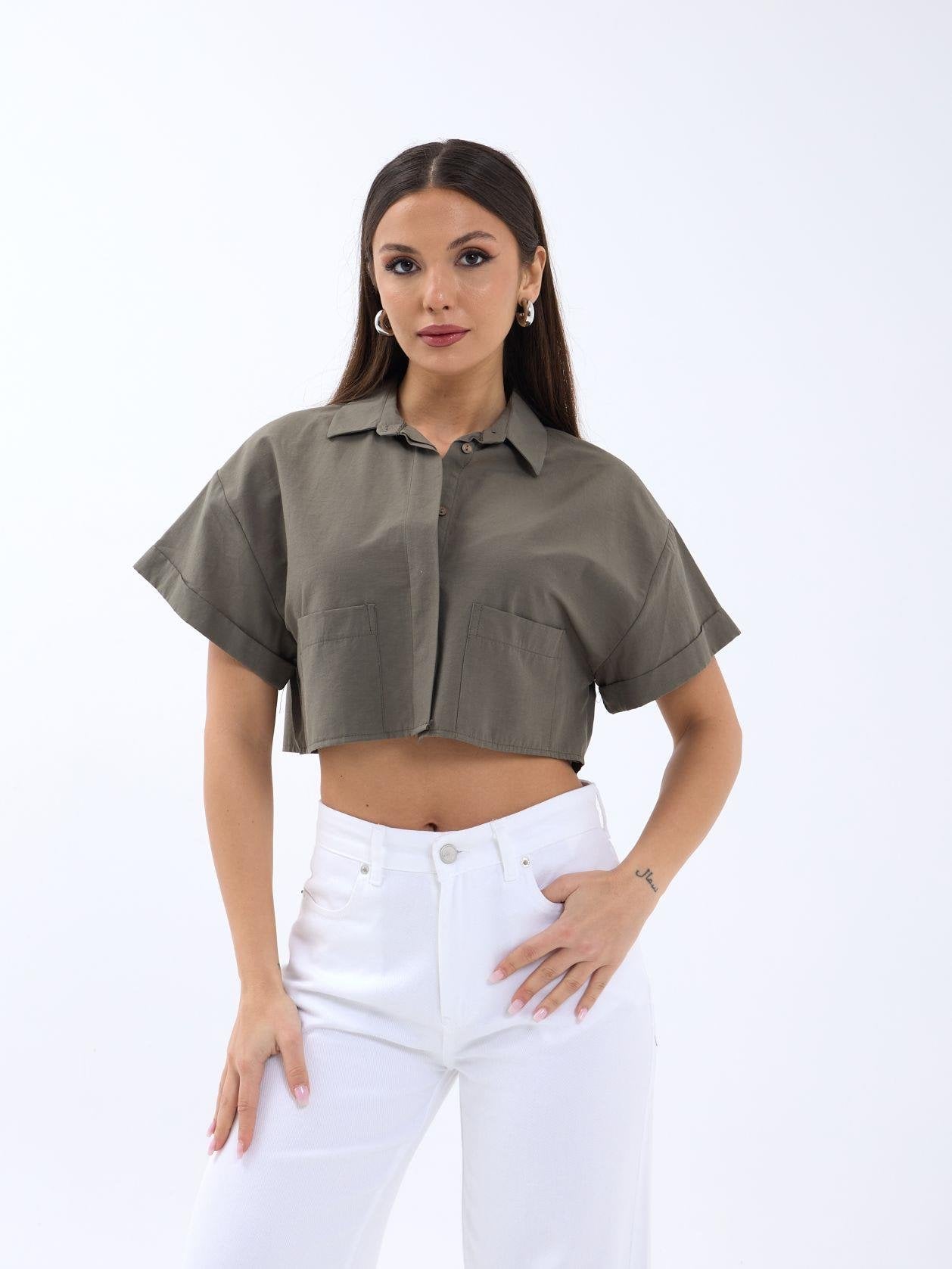 Olive Green Cropped Blouse with Collar - Fame - by Peralane - photo 2