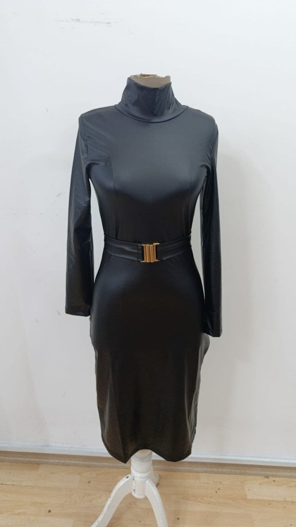 Women's Long Sleeve Mock Neck Belted Midi Faux Leather Dress - Janes - by Peralane - photo 6