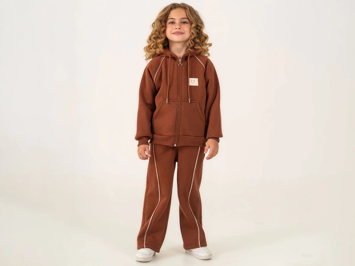 Girls' Zip-Up Hoodie and Trousers Tracksuit Set in Dark Brown - Lumii - by Peralane