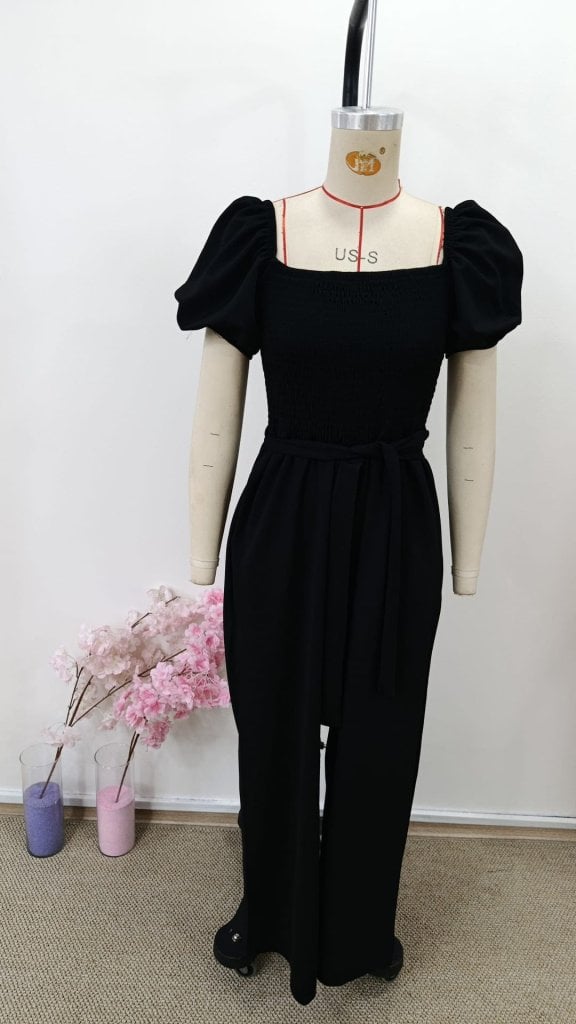 Women's Black Wide-Leg Jumpsuit with Puffed Short Sleeves and Square Neckline - Janes - by Peralane - photo 5