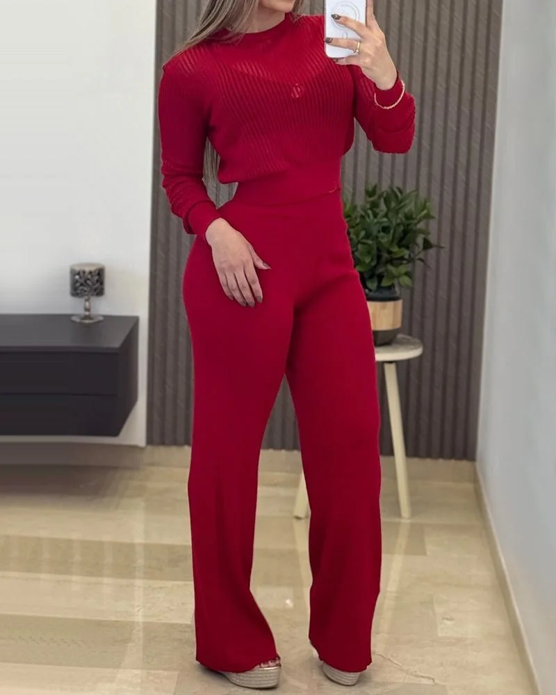 Women's Long-Sleeve Crew Neck Ribbed Knit Top and Wide-Leg Trousers Set in Red - Janes - by Peralane