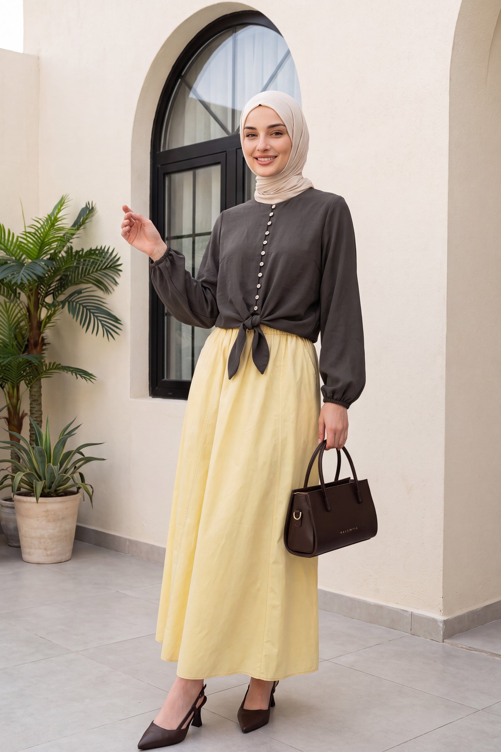Elasticated Waist Poplin A-Line Skirt with Pockets - Yellow - Podyumplus - by Peralane - photo 4