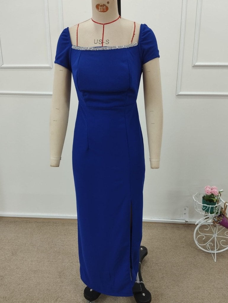 Women's Short Sleeve Square Neck Sequin Trim Long Crepe Dress with Back Lacing - Janes - by Peralane - photo 5