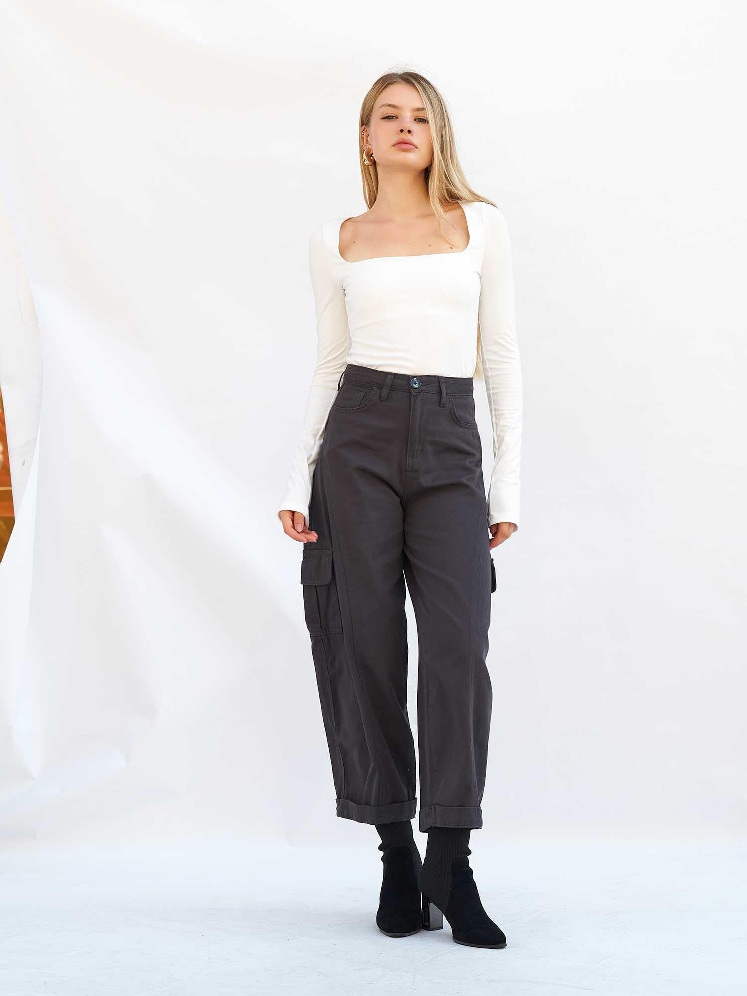Women's Gabardine Trousers with Cargo Pockets - Anthracite - Lefon - by Peralane