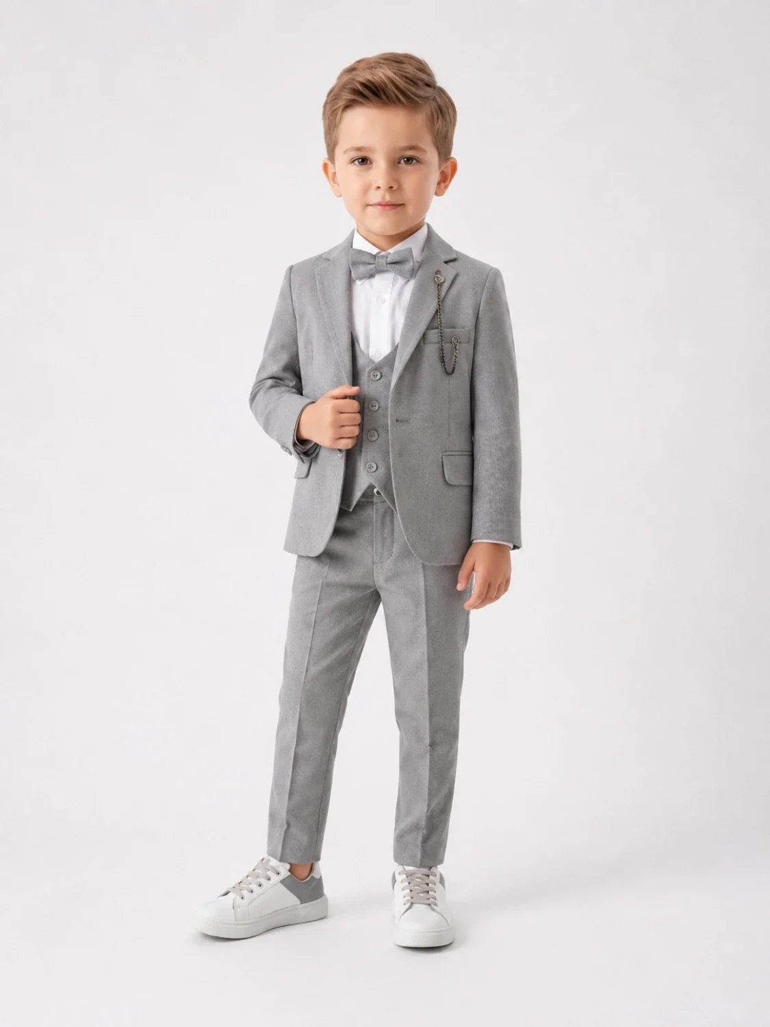 Boys' Grey Formal Suit Set with Waistcoat and Shirt - 4 Pieces - Terry - by Peralane