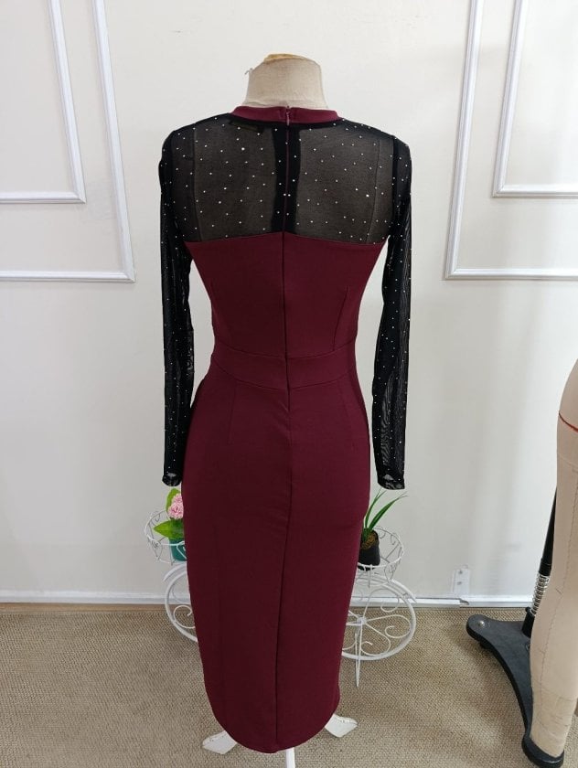 Women's Long-Sleeved Bike Neck Tulle Rhinestone Detail Midi Crepe Dress - Janes - by Peralane - photo 6