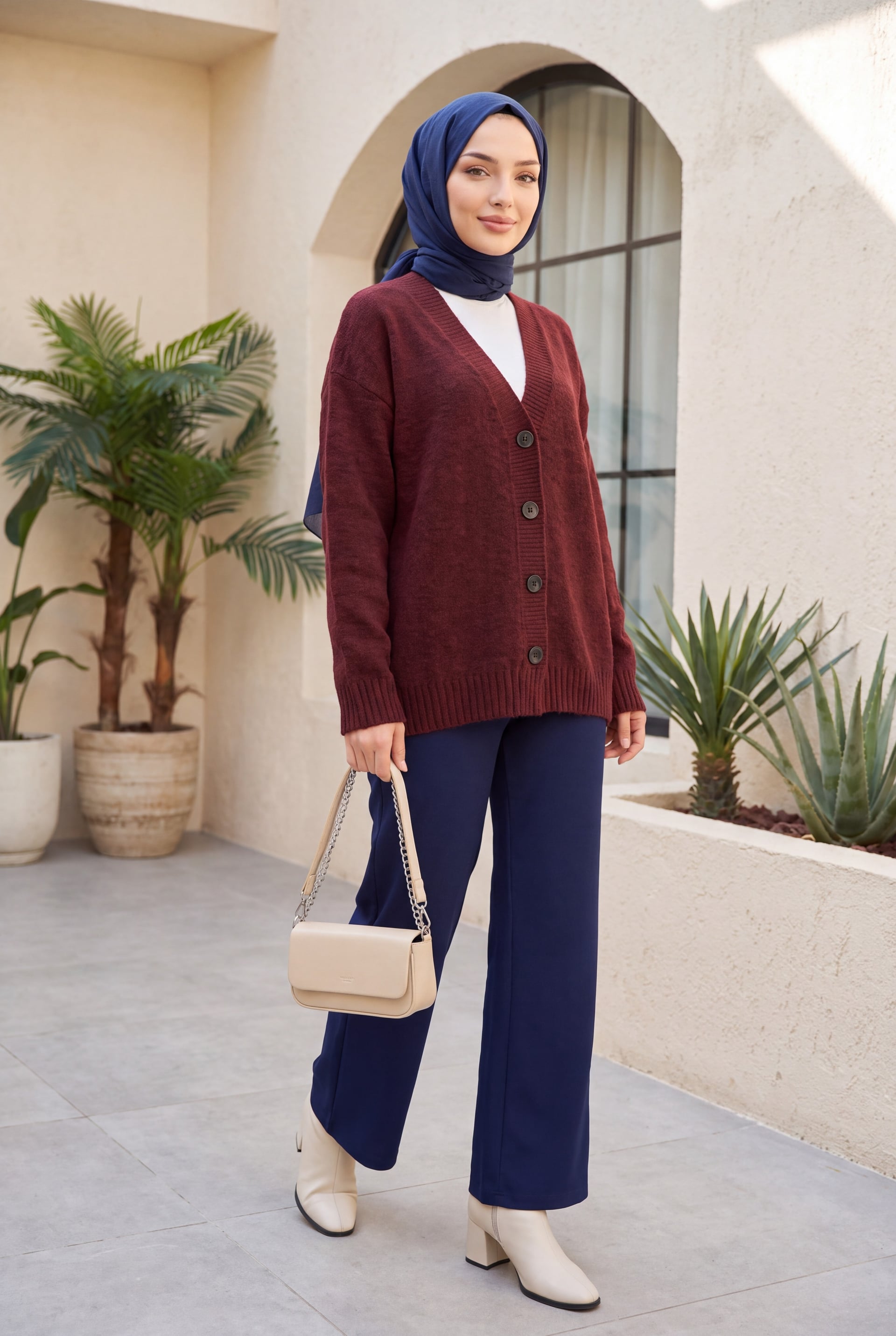 Burgundy V-Neck Button-Front Relaxed Knit Cardigan - Podyumplus - by Peralane - photo 5