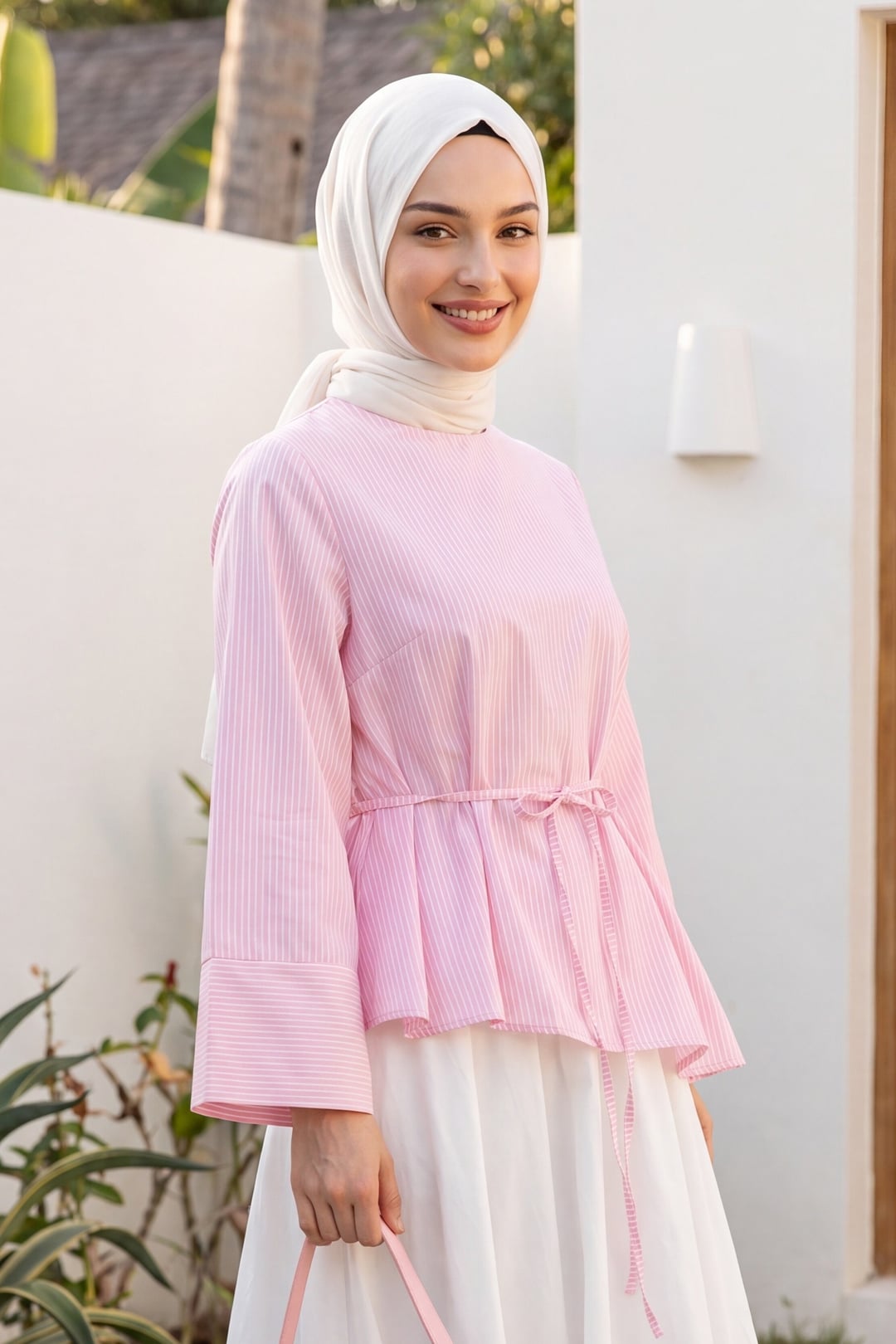 Pink Striped Tie-Waist Asymmetric Blouse - Podyumplus - by Peralane - photo 2