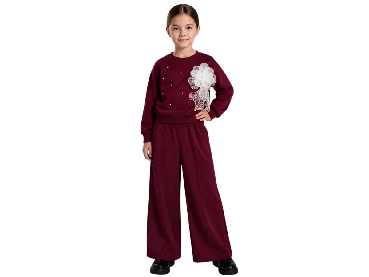 Girls' Two-Piece Set with Pearl and Floral Appliqué - Burgundy - Incilay - by Peralane