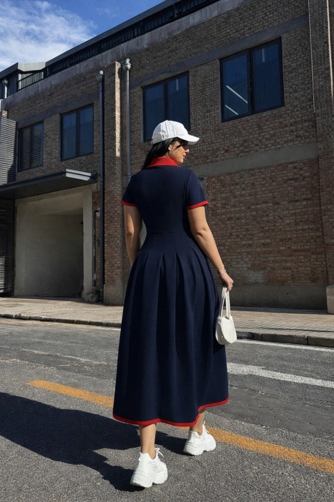 Women's Navy Blue Short-Sleeve V-Neck Pleated Long Crepe Dress with Red Trim - Janes - by Peralane - photo 4