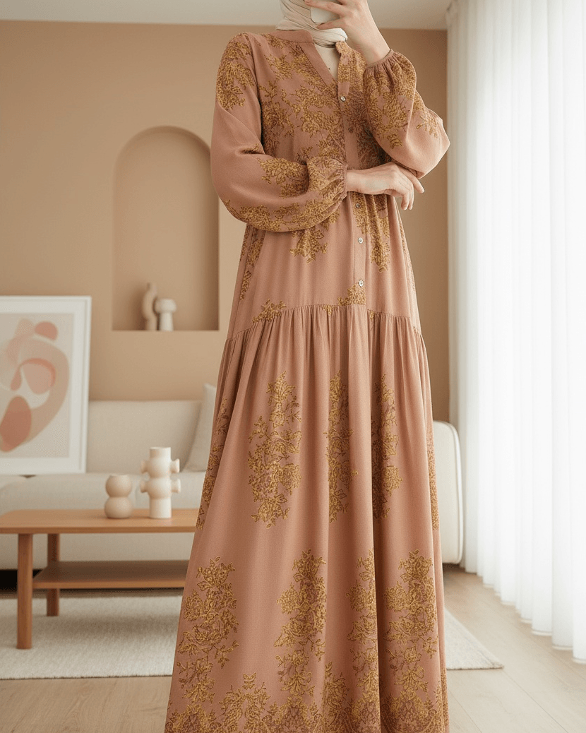 Dusty Rose Gold Floral Printed Modest Dress - Bigdart - by Peralane