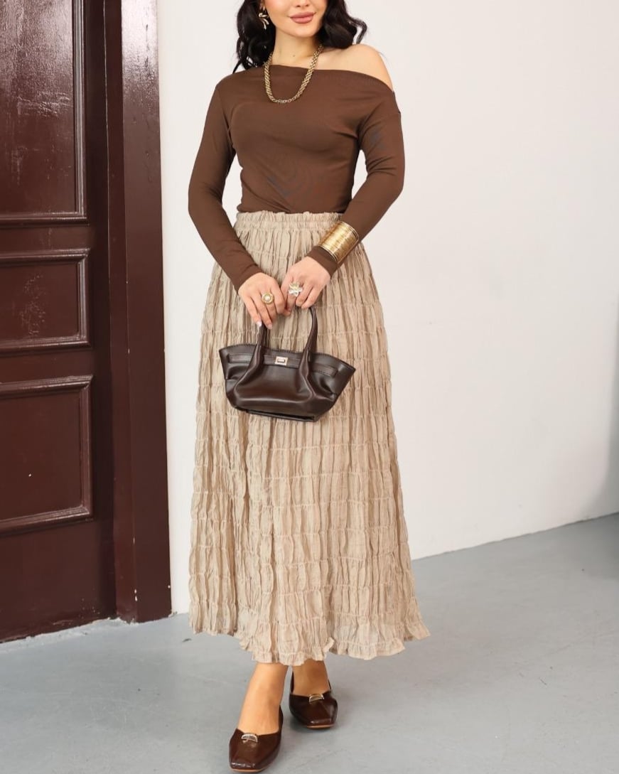 Lined Gathered Modal Maxi Skirt - Beige - Podyumplus - by Peralane - photo 4