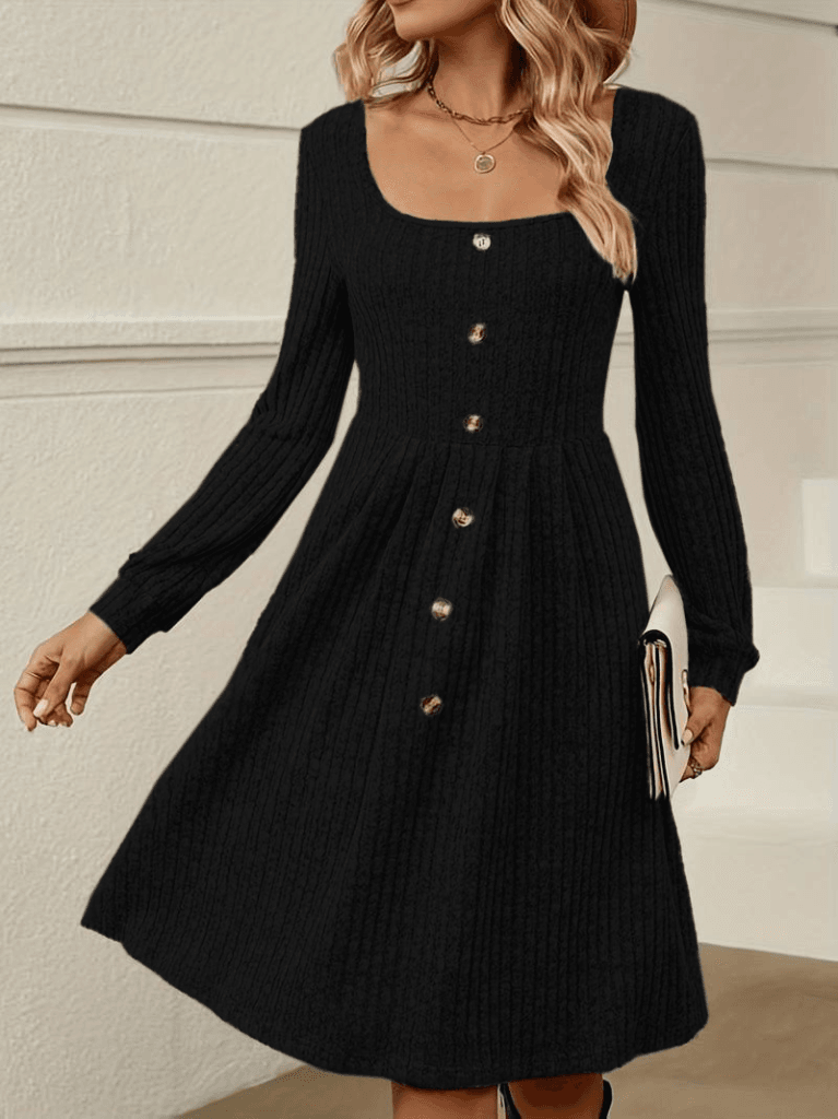Women's Long Sleeve Square Neck Button Mini Dress in Black - Janes - by Peralane - photo 2