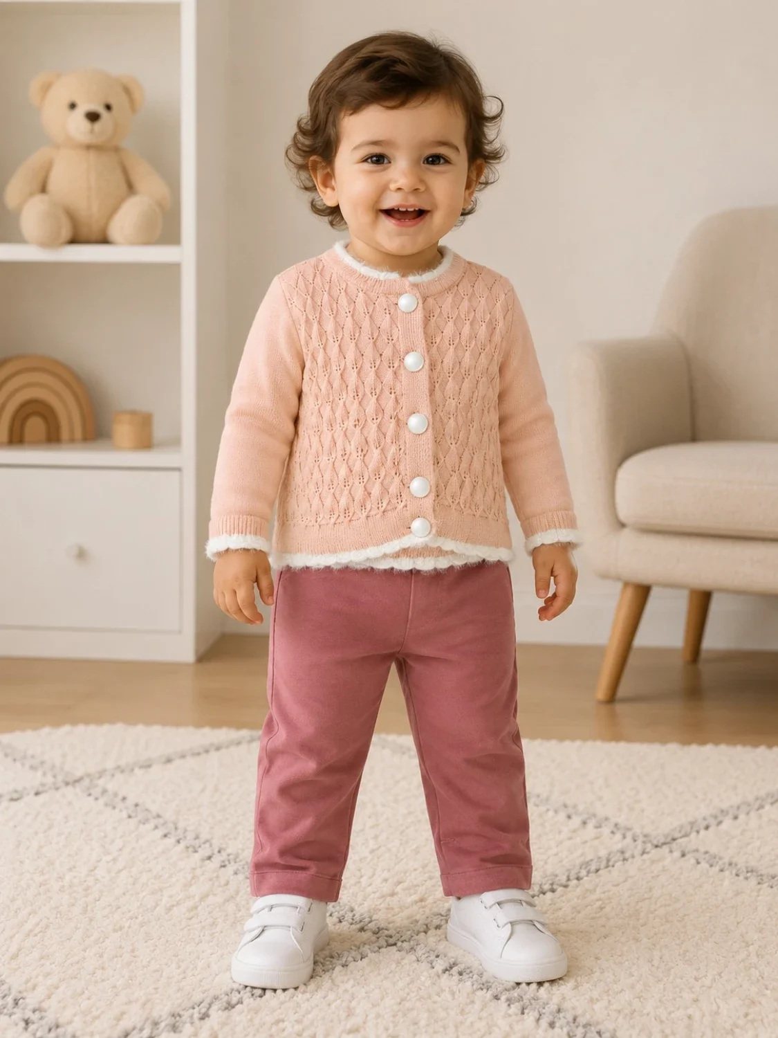Knitted 2-Piece Cardigan and Trousers Set for Baby Girls - Salmon - Has Bereket - by Peralane