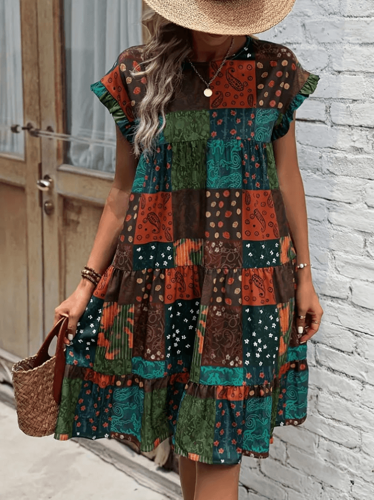 Women's Short-Sleeved Ruffled Sleeve Round Neck Ethnic Print Dress - Janes - by Peralane - photo 2