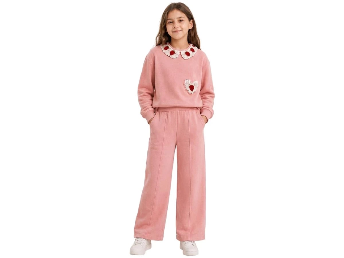 Girls' Knit Tracksuit Set with Strawberry Print and Lace Trim - Powder Pink - Bittos Kids - by Peralane