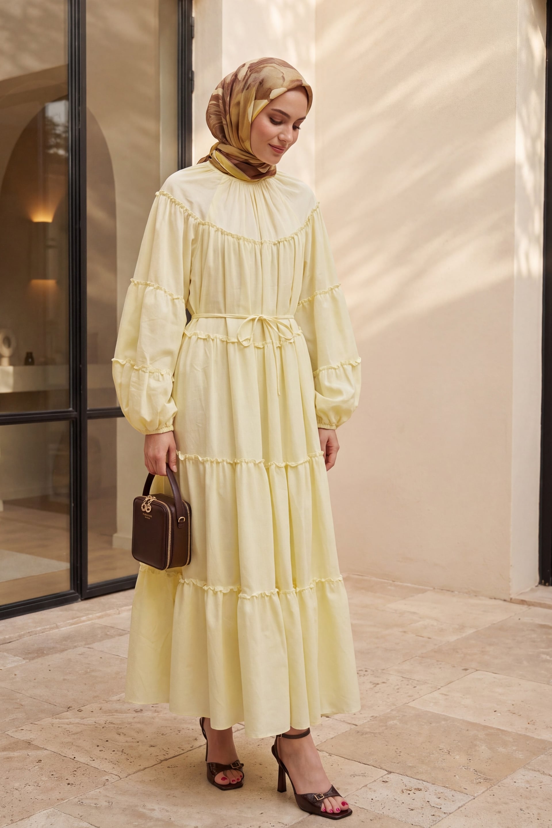 Long Sleeve Tie Waist Tiered Ruffle Dress - Light Yellow - Podyumplus - by Peralane - photo 4