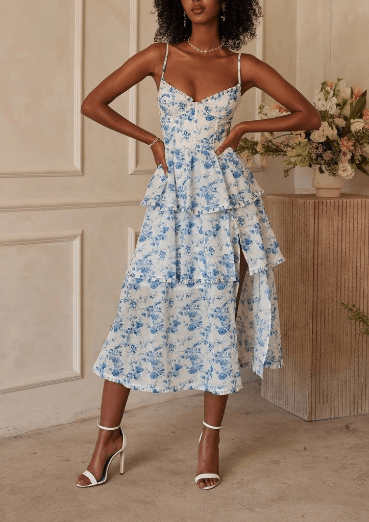 Women's Sleeveless Spaghetti Strap Floral Print Suprem Midi Dress with Ruffle Details - Janes - by Peralane - photo 10