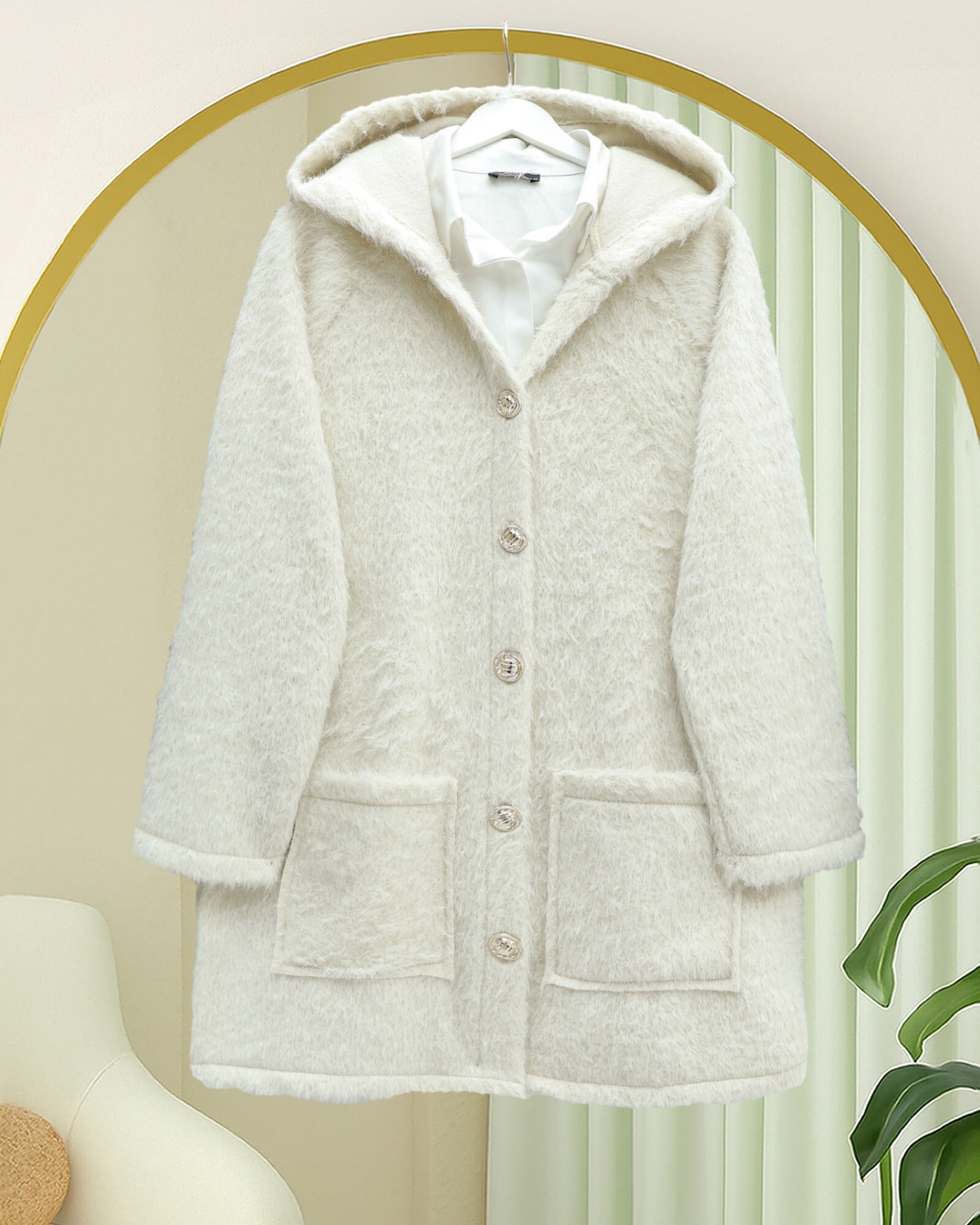 Cream Hooded Cardigan with Gold Buttons and Pockets - Podyumplus - by Peralane - photo 2