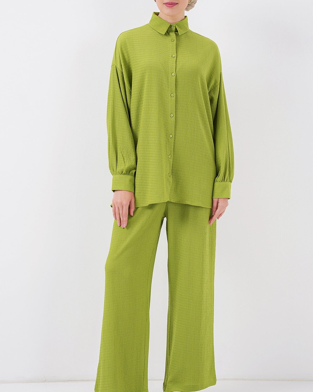 Women's Knit Modest Co-ord Set in Lime Green - Long-Sleeved Shirt and Wide-Leg Trousers - Bigdart - by Peralane - photo 6