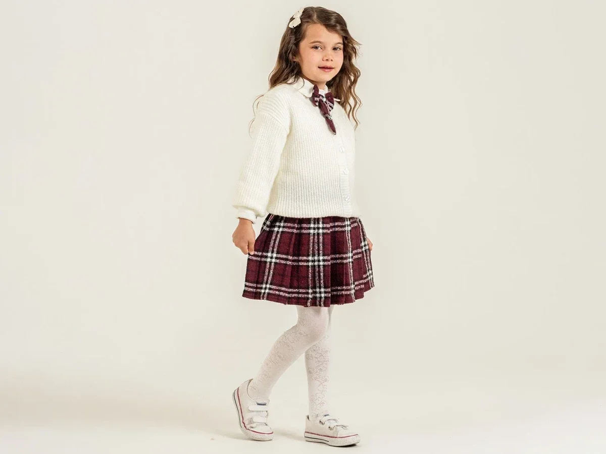 Girls' Cardigan and Pleated Skirt Set with Bow Details and Socks - Pack of 4 - Pampal Kids - by Peralane