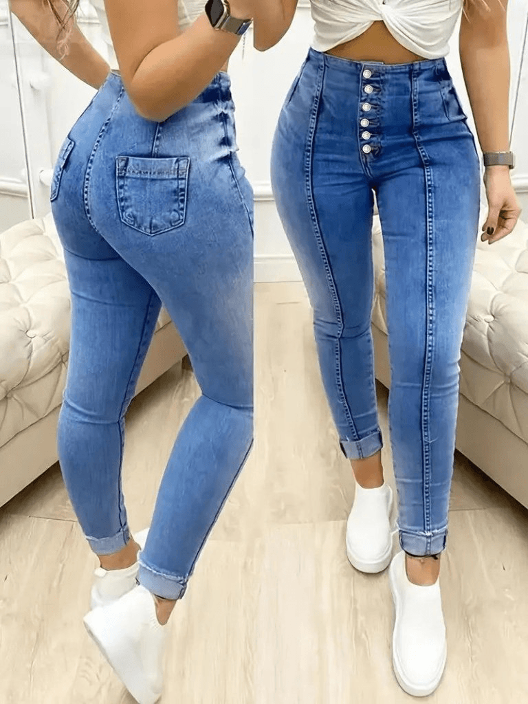 Women's High Waist Button-Fly Jeans - Light Blue Washed Denim - Janes - by Peralane - photo 3