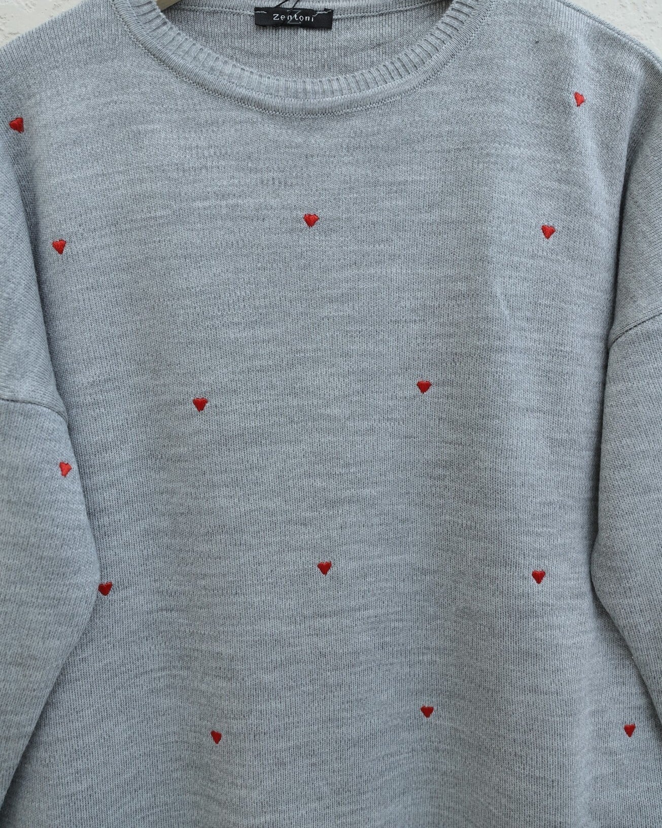 Heart Embroidered Bicycle Neck Knit Tunic - Grey - Podyumplus - by Peralane - photo 4