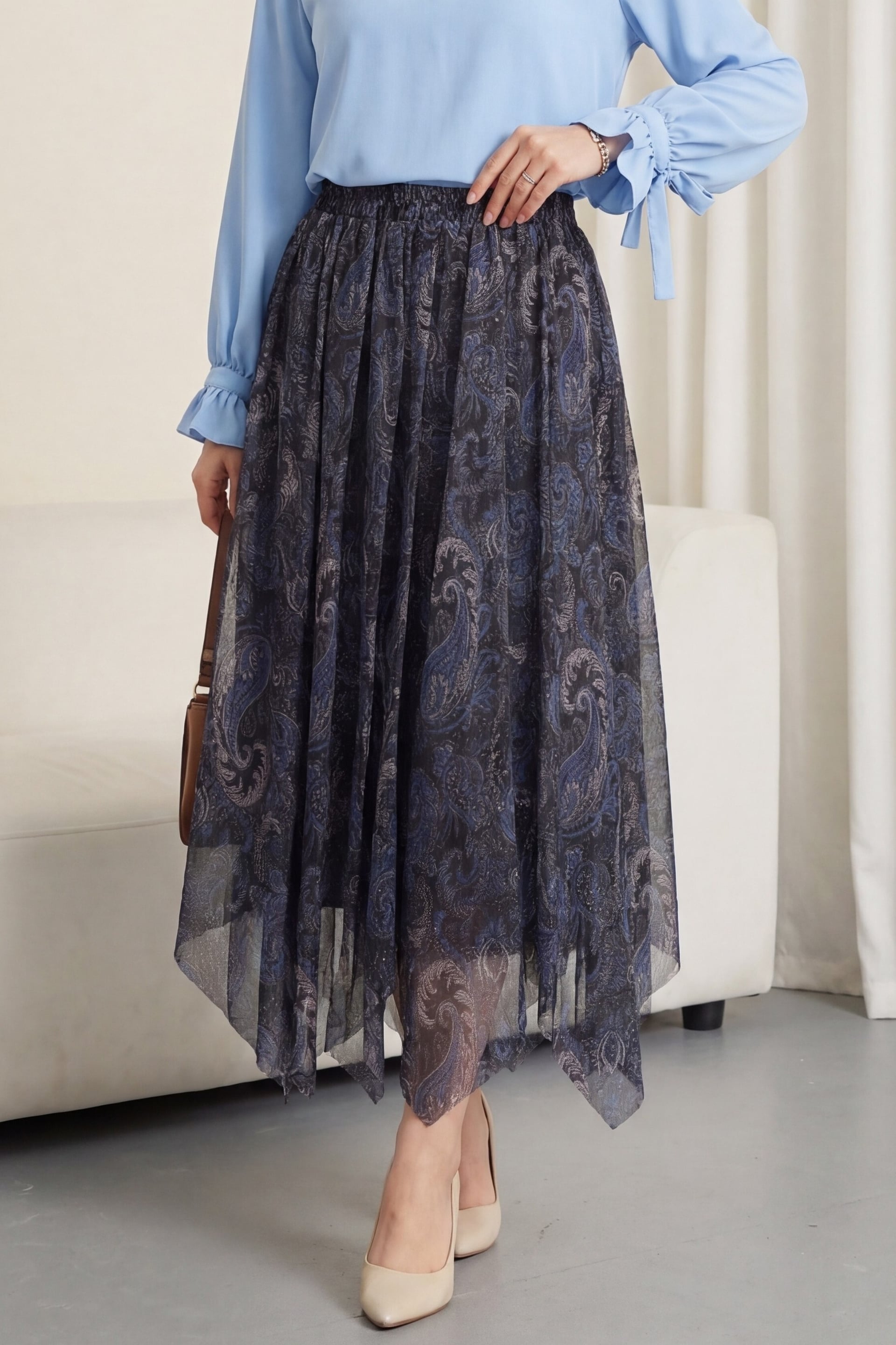 Elasticated Waist Patterned Lined Chiffon Midi Skirt - Dark Blue - Podyumplus - by Peralane