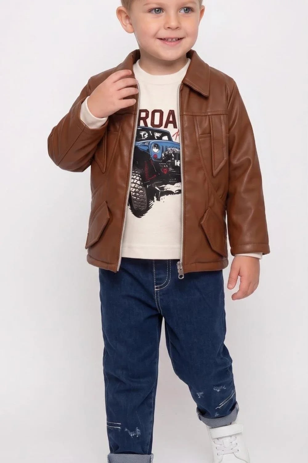 Boys' 3-Piece Set with Faux Leather Jacket, T-Shirt and Trousers - Brown - Has Bereket - by Peralane