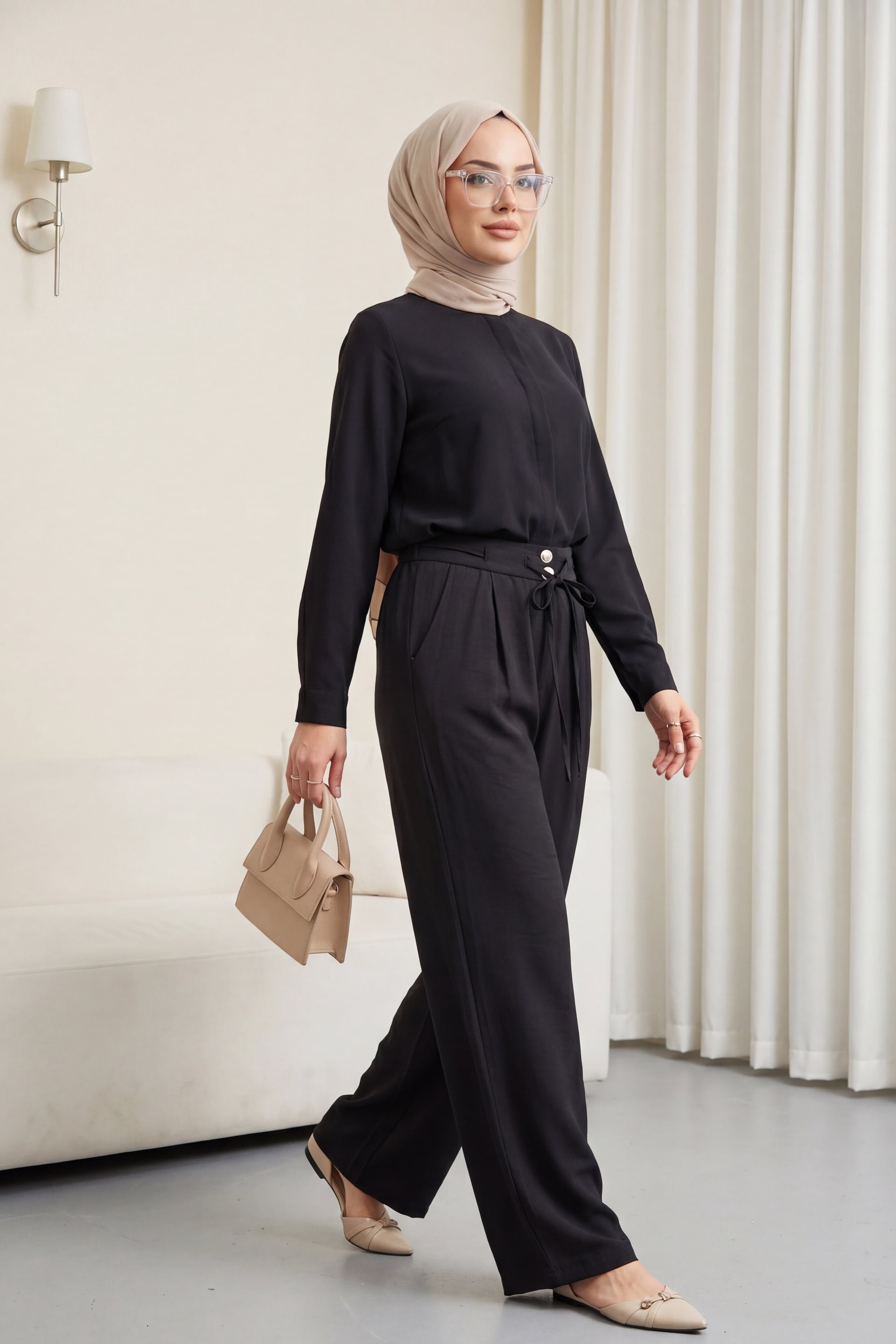 High Waist Tencel Trousers with Drawstring and Double Button - Black - Podyumplus - by Peralane - photo 3