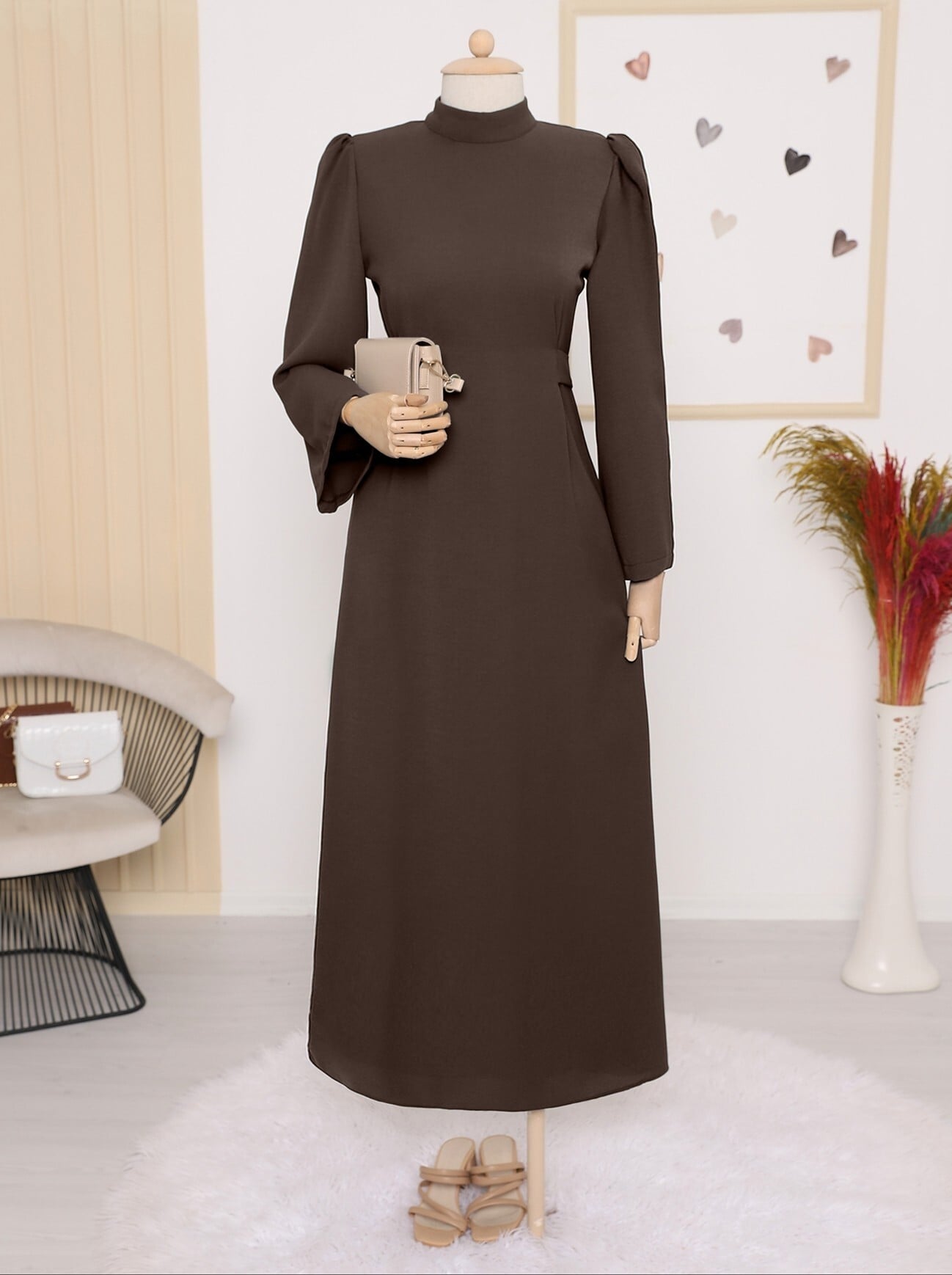 Mandarin Collar Belted Dress - Earth - Podyumplus - by Peralane - photo 5
