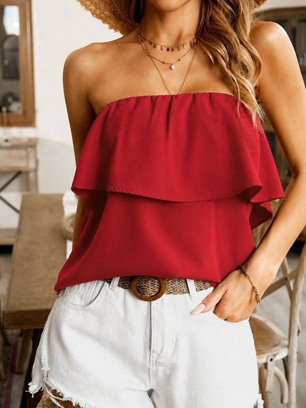 Women's Strapless Ruffled Dubai Blouse in Red - Janes - by Peralane - photo 2