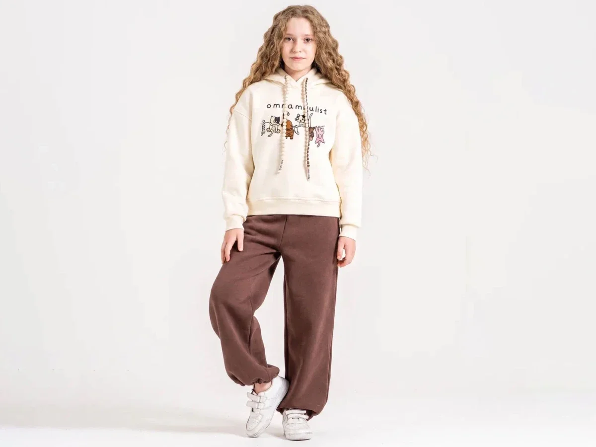 Cat Print Hooded Girls' Suit with Drawstring Trousers - ÖZ Bebe - by Peralane