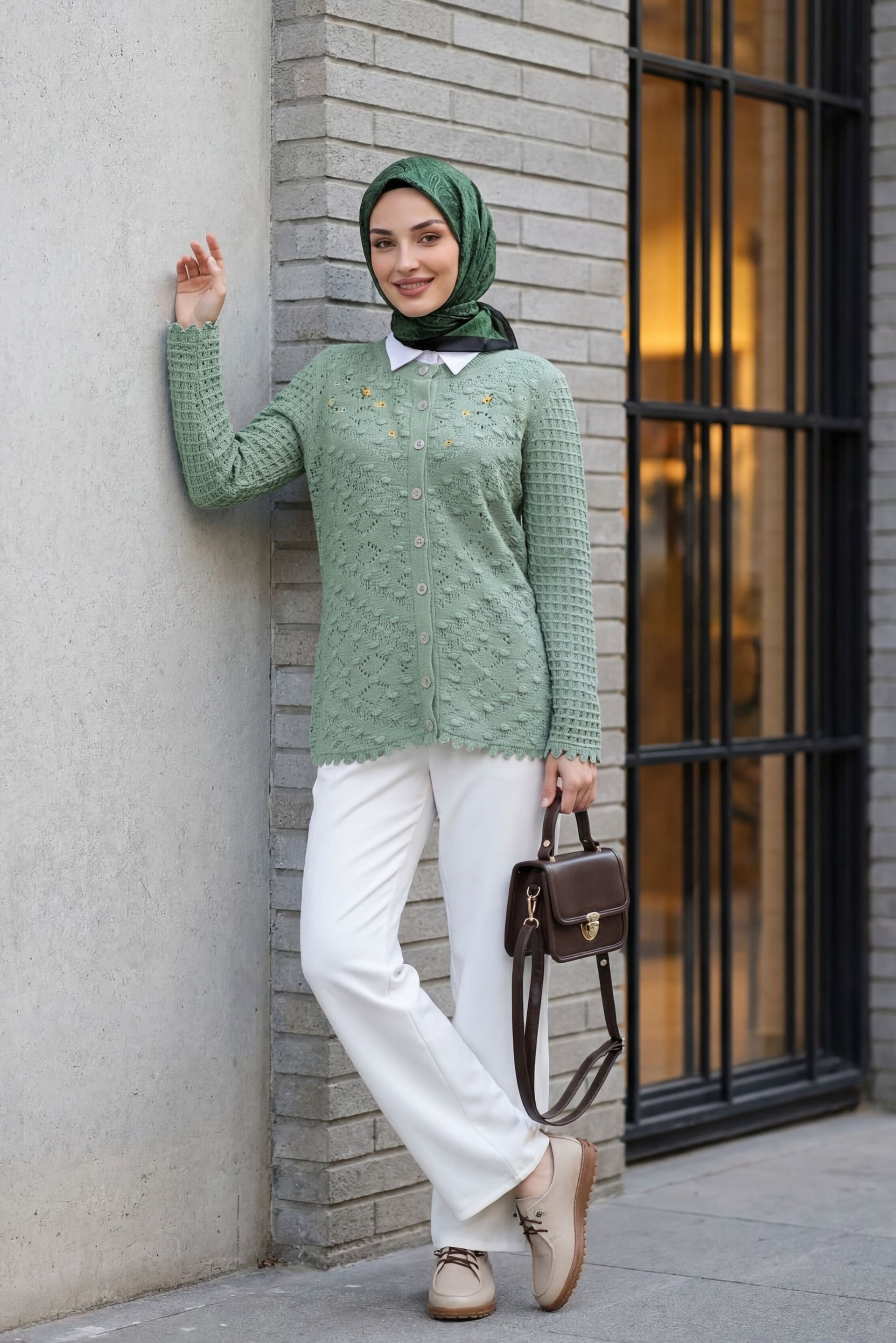 Pom-Pom Round Neck Button Knit Cardigan - Mint - Podyumplus - by Peralane