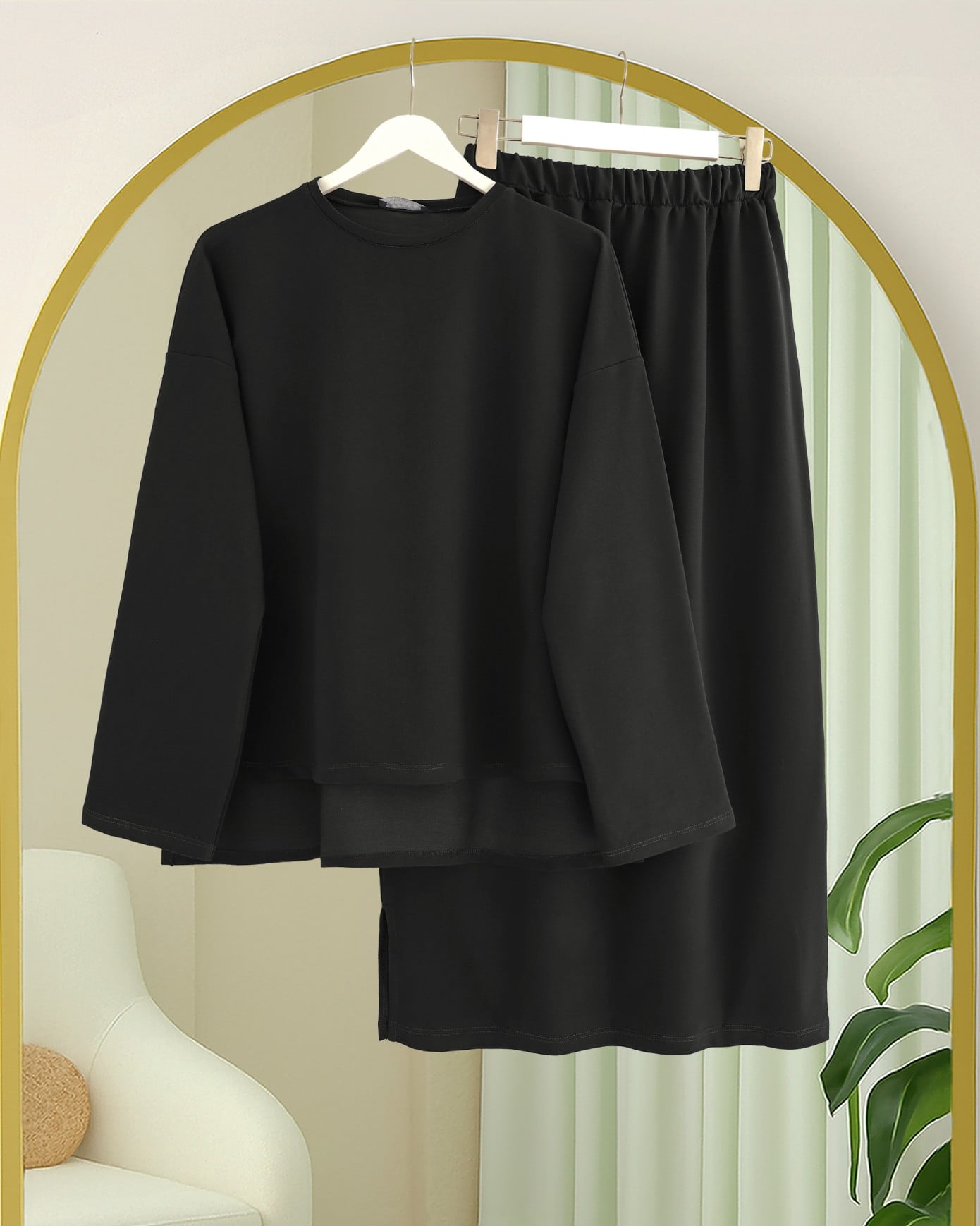 Two-Piece Knit Lounge Set with Long Back Slit Skirt - Black - Podyumplus - by Peralane