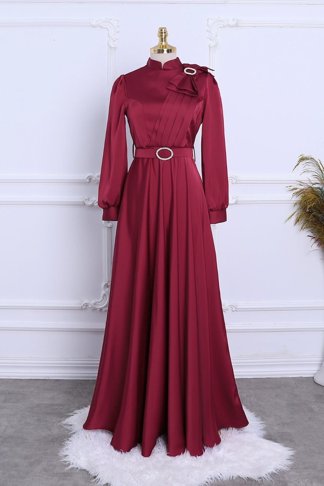 Burgundy Satin Evening Dress with Bow and Belt for Women - Podyumplus - by Peralane - photo 2