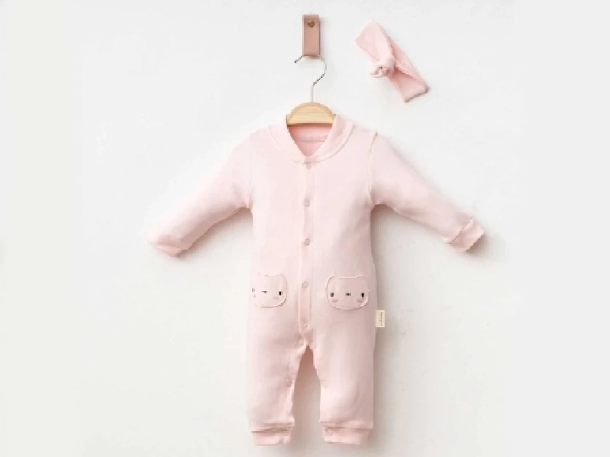 Baby Romper and Knotted Headband Set with Bear Print - Powder Pink - Pookie - by Peralane