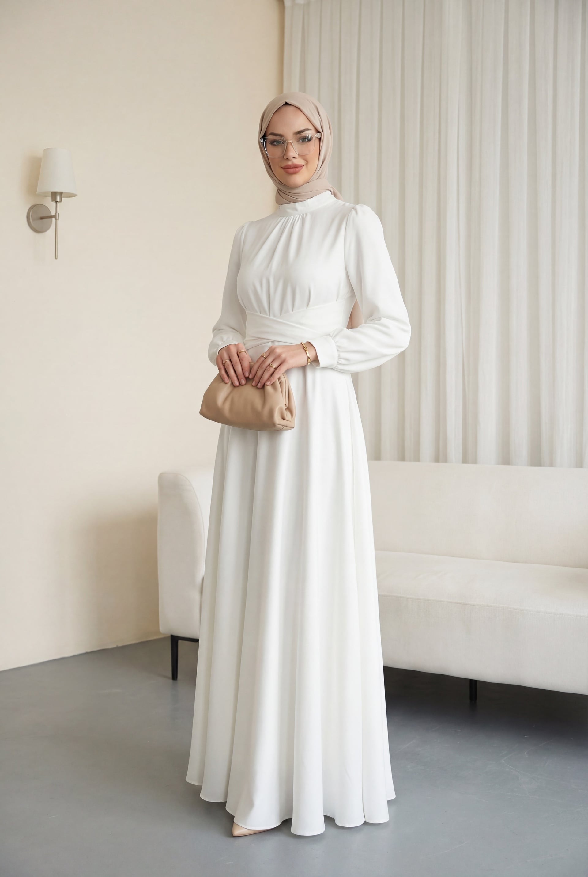 White Wrap-Waist Round Neck Satin Dress - Podyumplus - by Peralane - photo 3