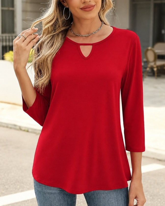 Women's Red Three-Quarter Sleeve Round Neck Keyhole Detail Viscose Blouse - Janes - by Peralane
