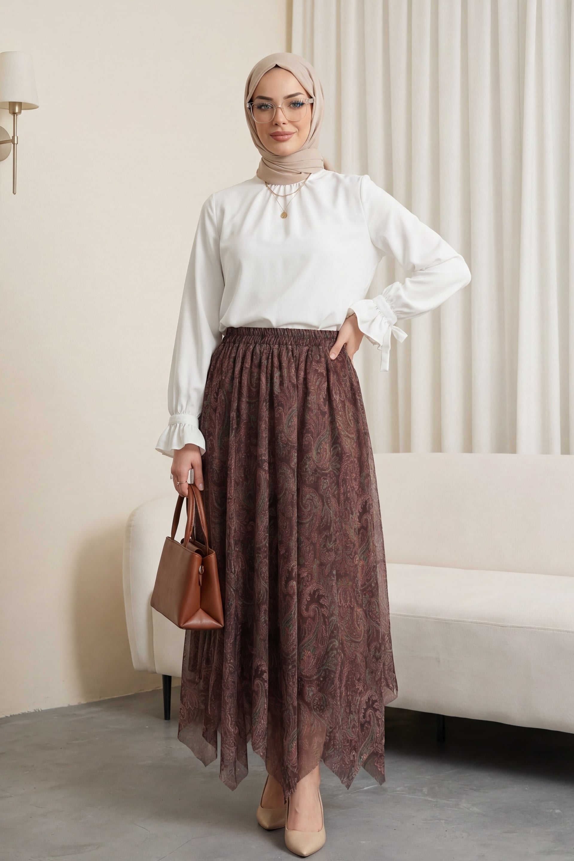 Elastic Waist Patterned Lined Chiffon Skirt - Brown - Podyumplus - by Peralane - photo 2